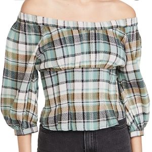 Free People Teagan Plaid Puff Sleeve Top, Multi-colored, Size XL, BNWT